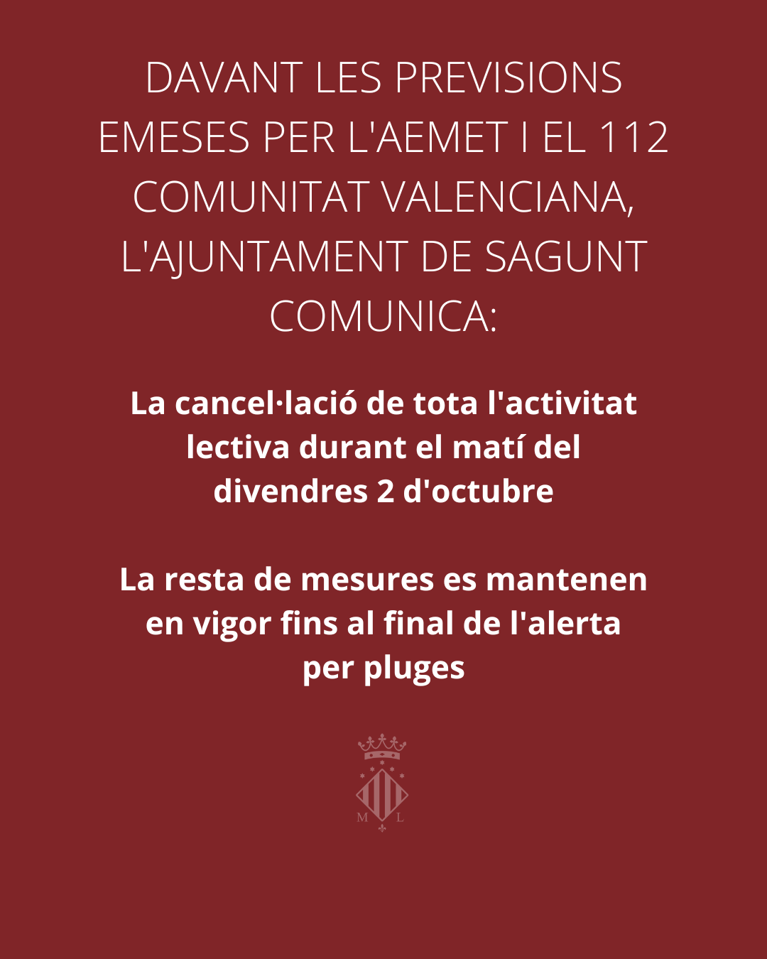 El Ayuntamiento de Sagunto prolonga las medidas preventivas por lluvias y suspende la actividad lectiva del viernes 2 de octubre
