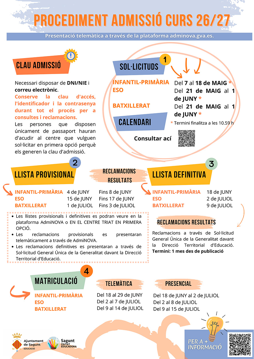 La Regidoria d'Educació obri el procés d'admissió d'alumnat per als cicles d'Infantil i Primària