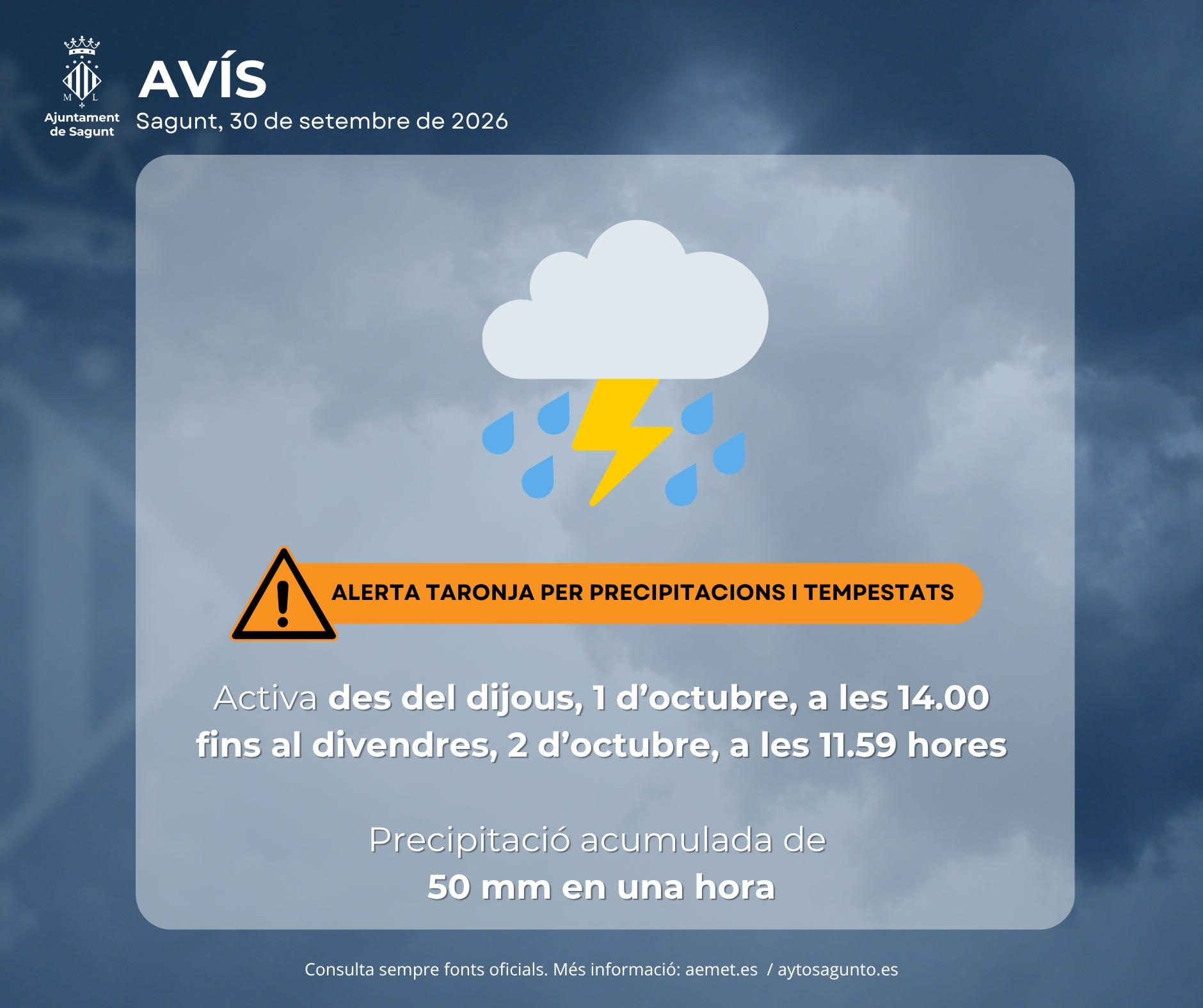 El 112 Comunidad Valenciana y la AEMET avisan de alerta naranja por precipitaciones y tormentas del jueves al viernes