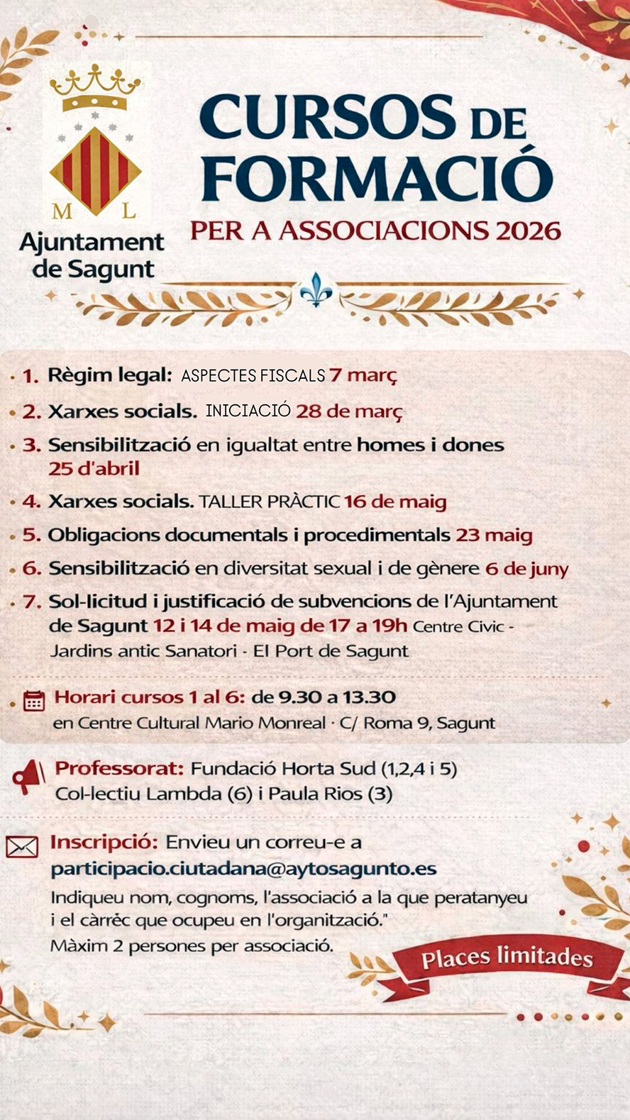 La Concejalía de Participación Ciudadana organiza cursos de formación dirigidos al tejido asociativo de Sagunto