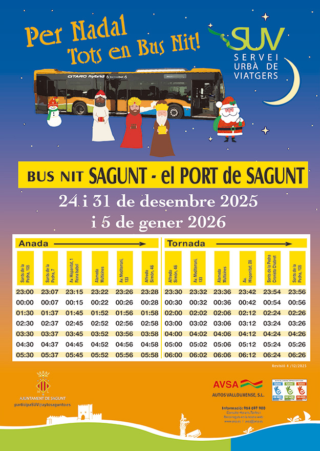Ampliació del servici Bus Nit per a les principals nits de les festes de Nadal a Sagunt
