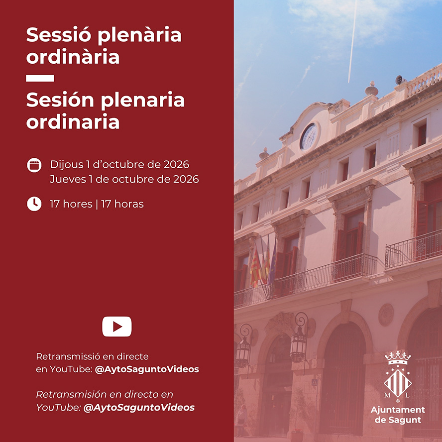 La Corporació Municipal de Sagunt es reunix este dijous en el Ple ordinari d'octubre